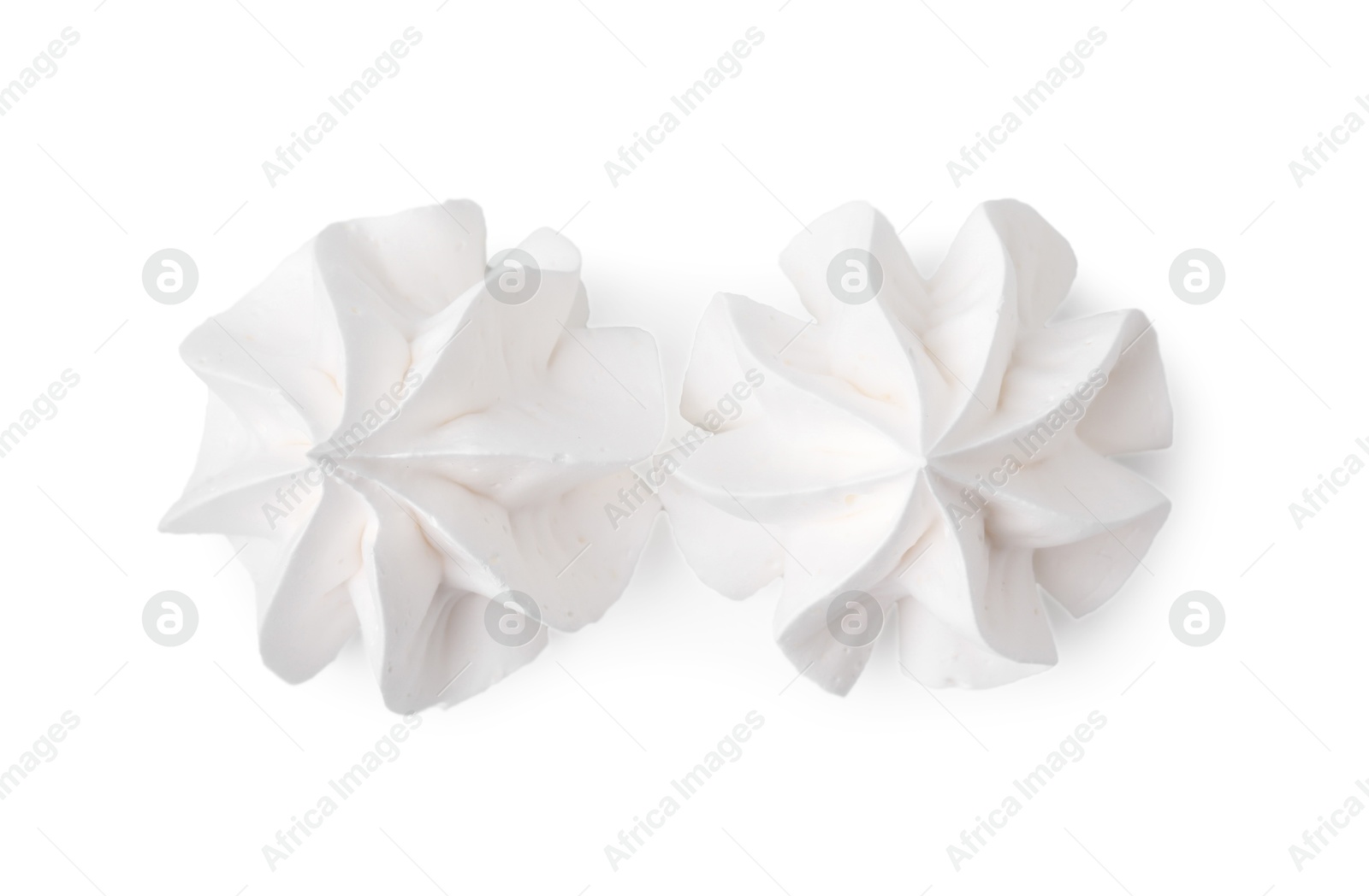 Photo of Two delicious meringue cookies isolated on white, top view