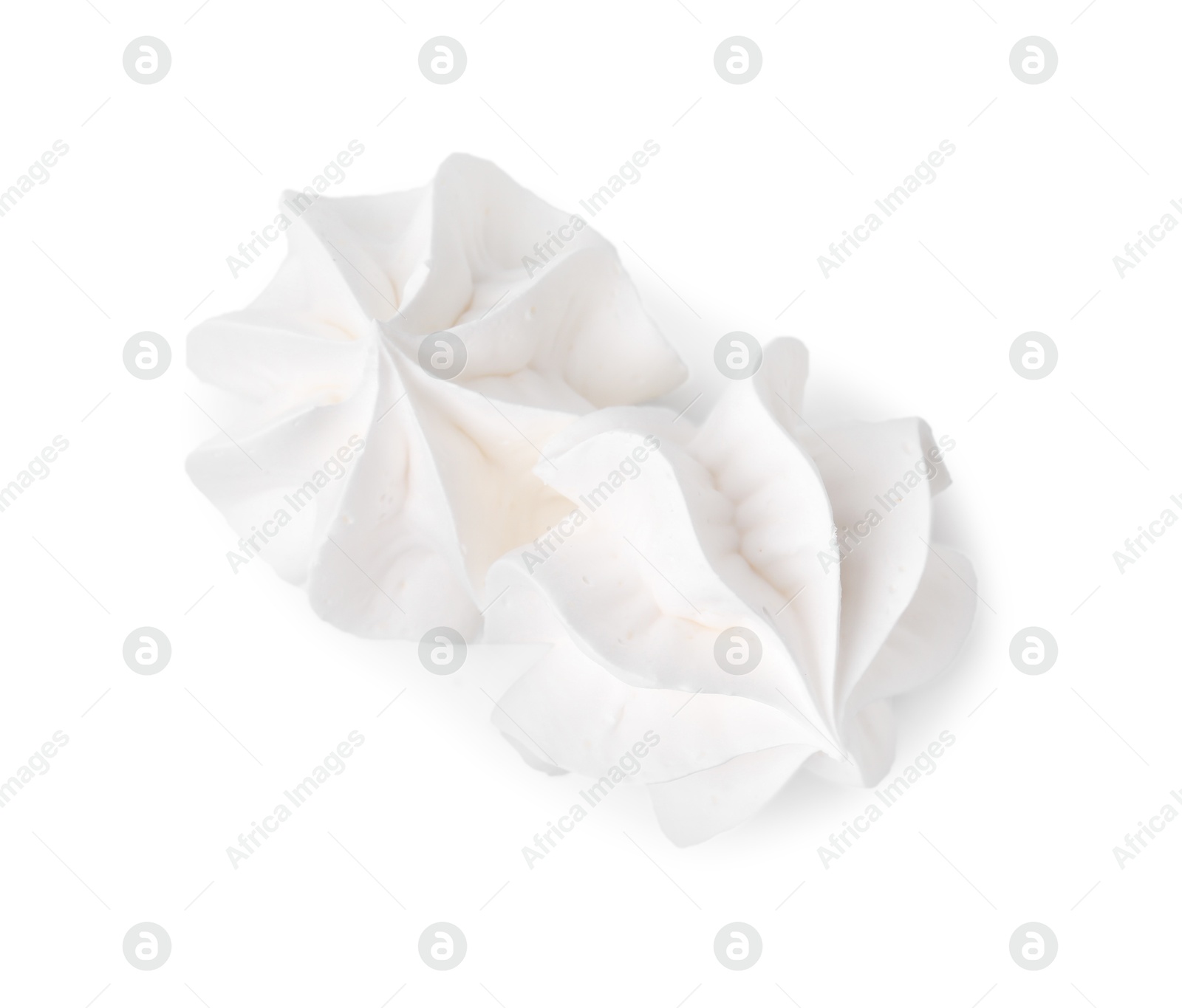 Photo of Two delicious meringue cookies isolated on white, top view