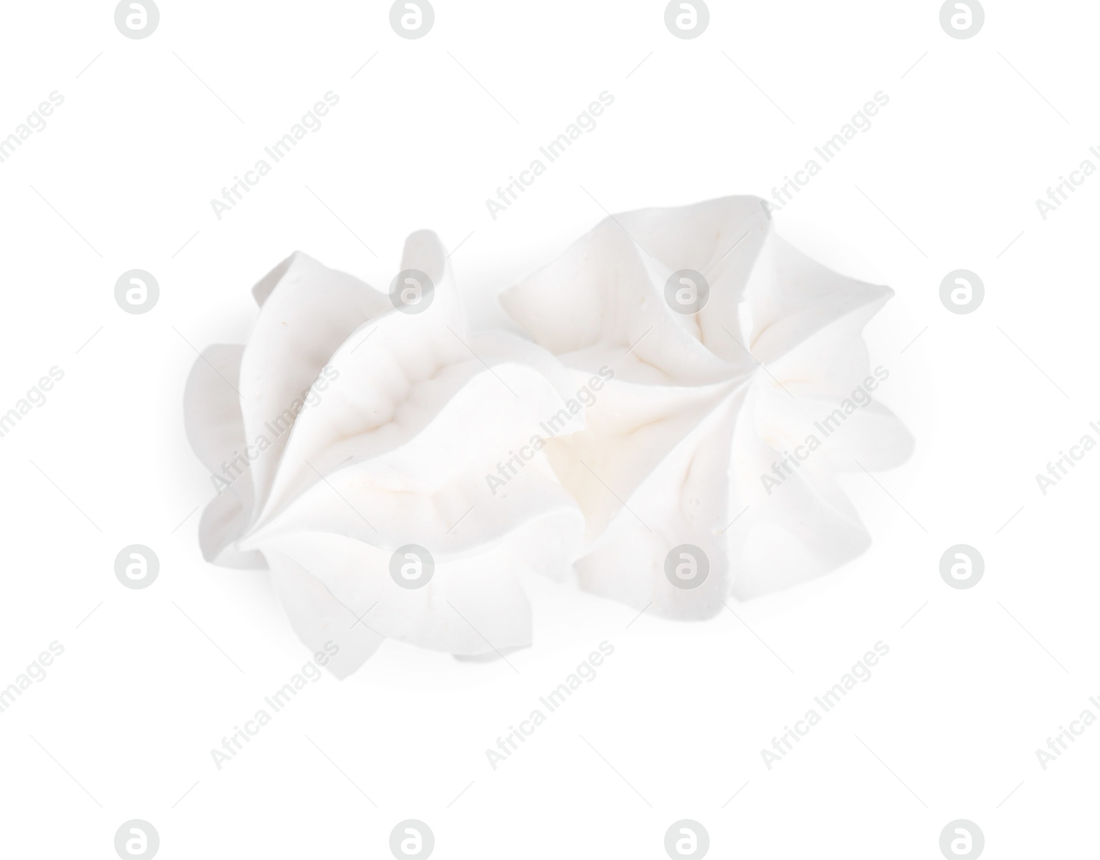 Photo of Two delicious meringue cookies isolated on white, top view