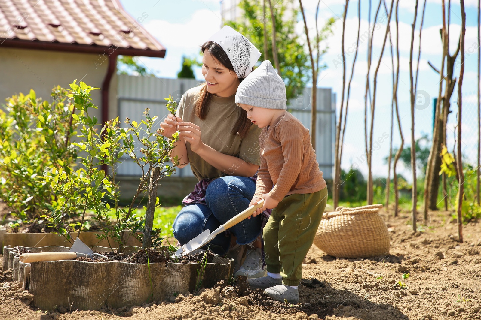 Photo of Mother and her son planting tree together in garden