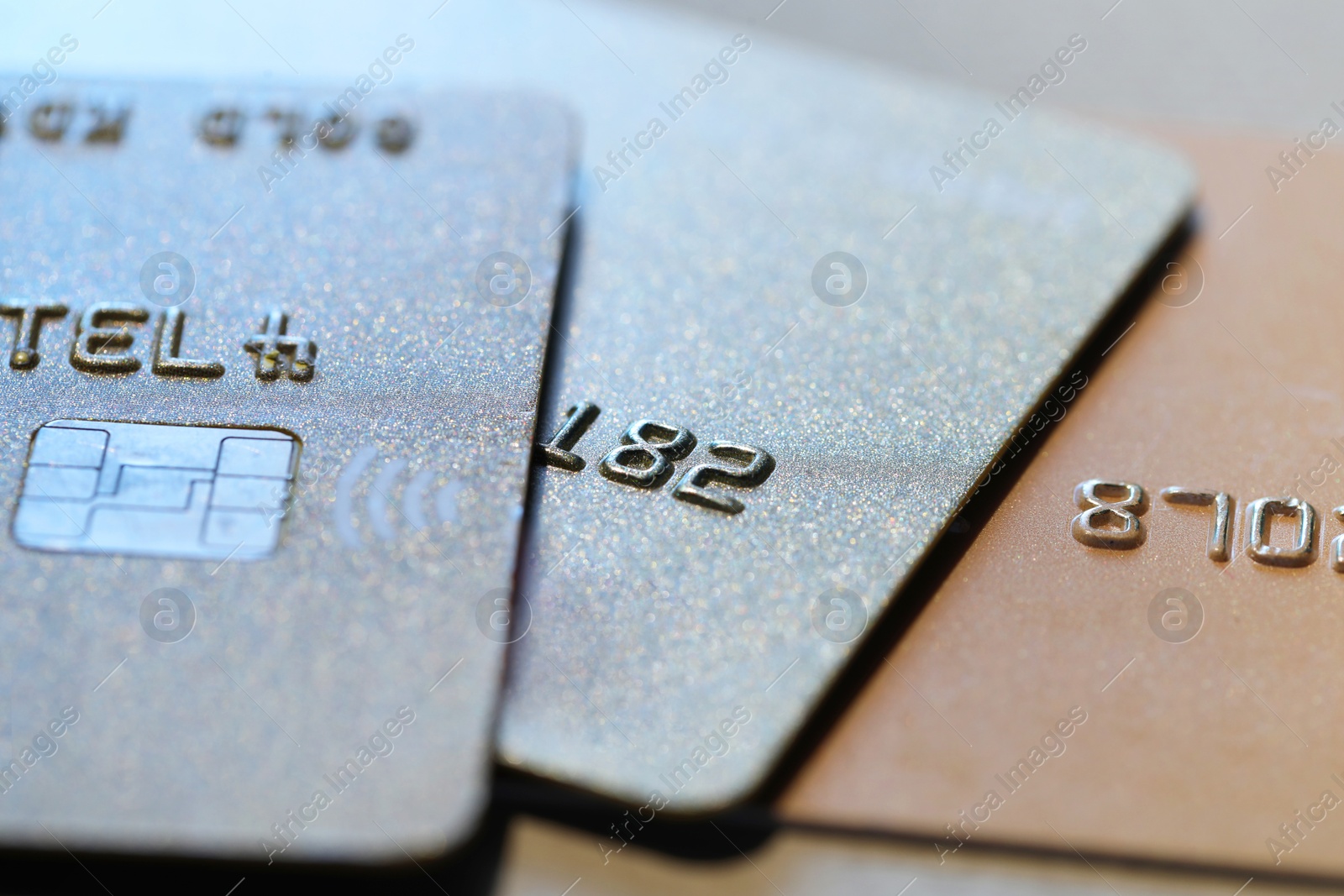 Photo of Many credit cards on table, macro view