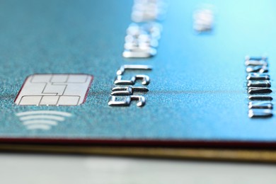 Photo of Credit cards on gray table, macro view