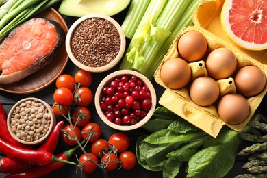 Photo of Many different healthy food on table, flat lay