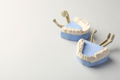 Photo of Dental model with gums on gray background, space for text. Cast of teeth