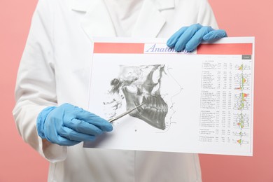 Photo of Doctor with visualization of human maxillofacial section for dental analysis printed on paper and tool against pink background, closeup