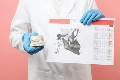 Photo of Doctor holding dental model with jaws and visualization of human maxillofacial section for dental analysis printed on paper against pink background, closeup. Cast of teeth