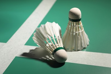 Two feather badminton shuttlecocks on green table