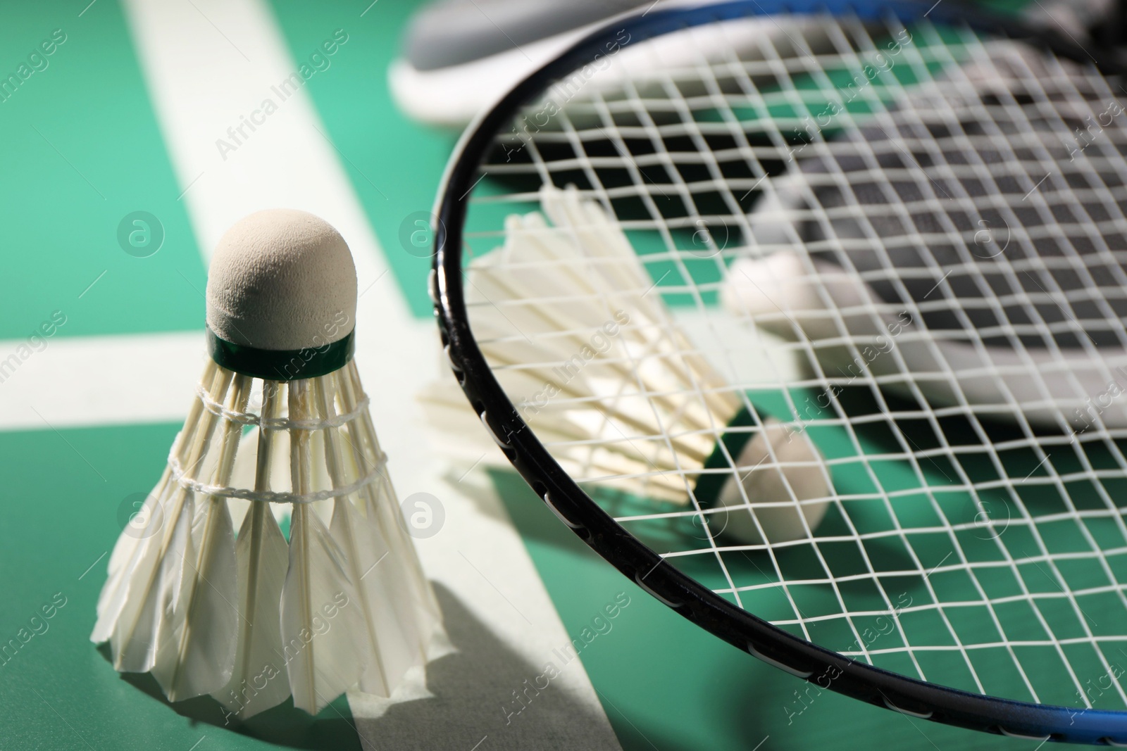 Photo of Feather badminton shuttlecocks and racket on court, closeup