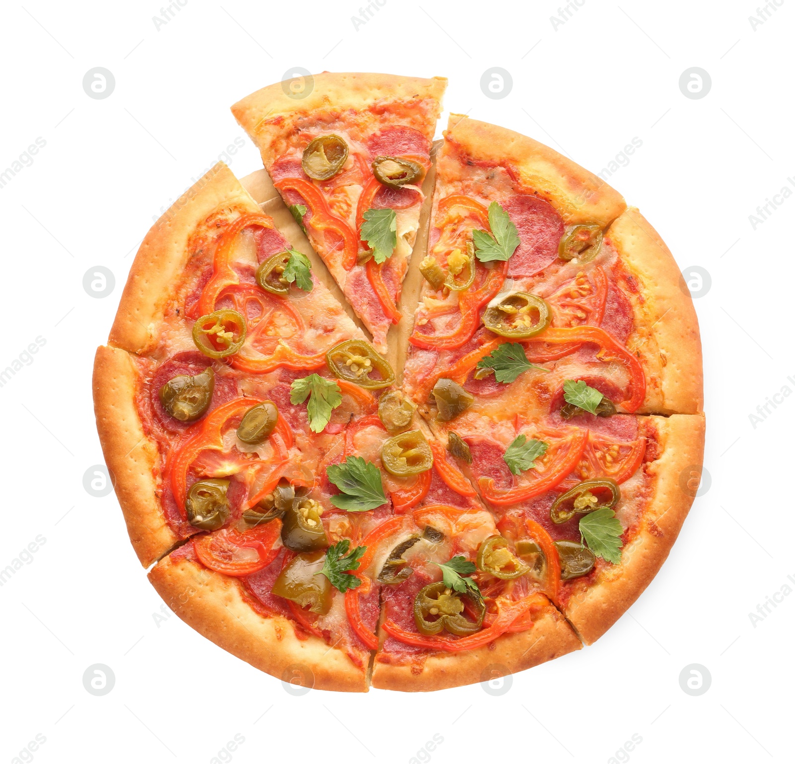 Photo of Delicious hot pizza Diablo isolated on white, top view