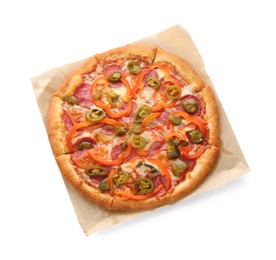 Photo of Delicious hot pizza Diablo isolated on white, top view