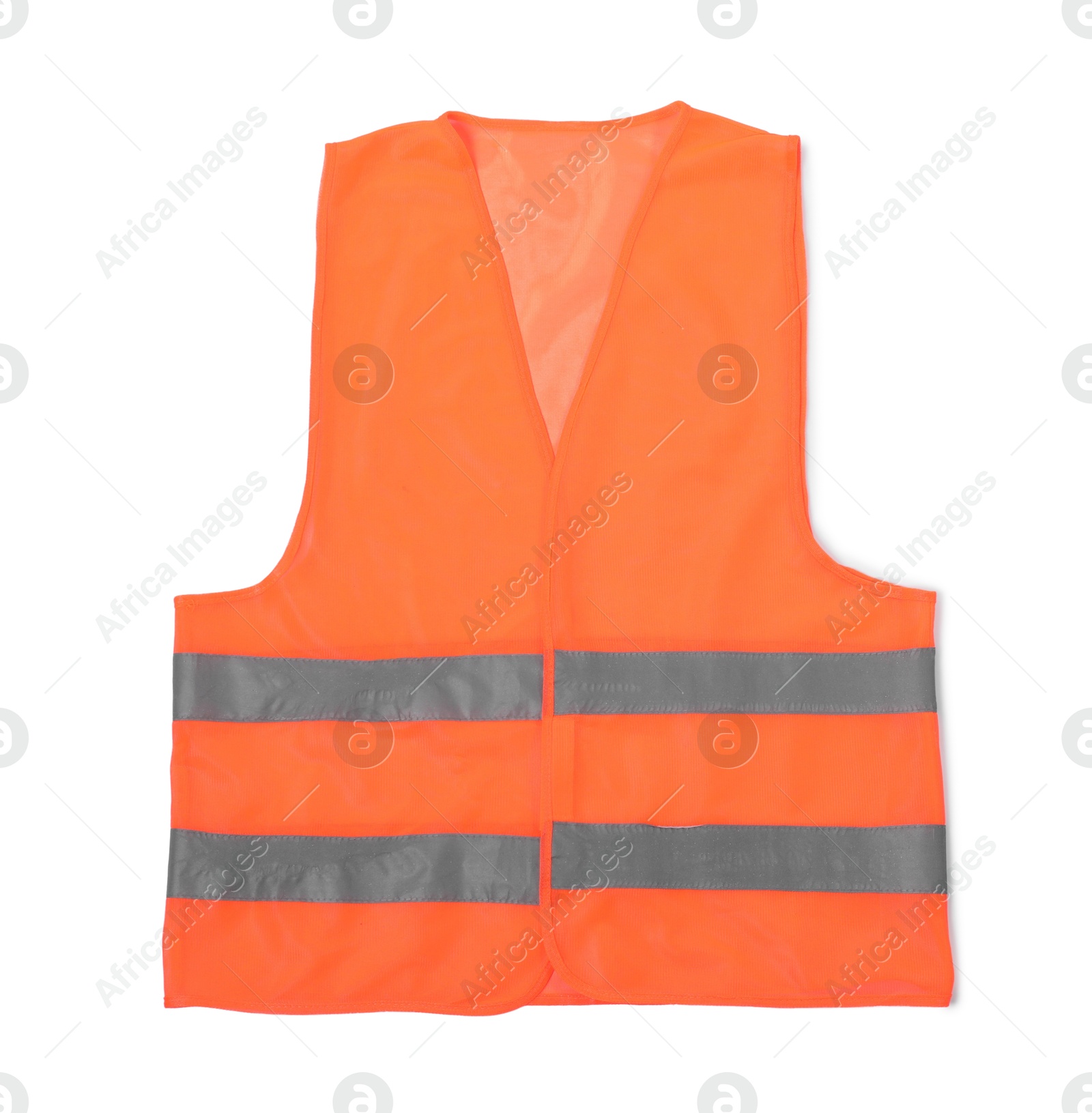 Photo of Orange reflective vest isolated on white, top view