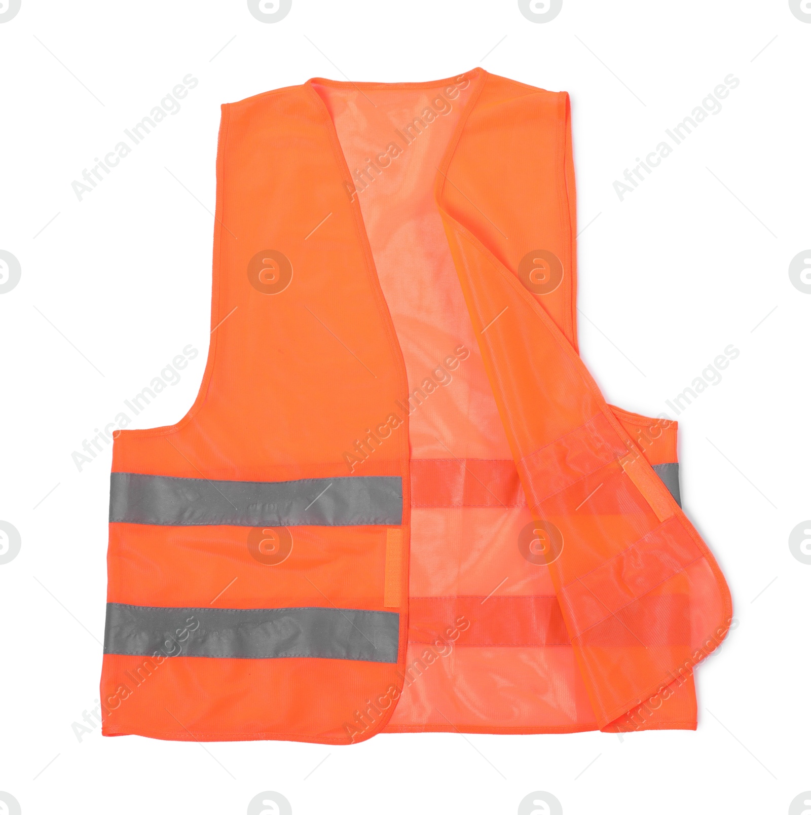 Photo of Orange reflective vest isolated on white, top view