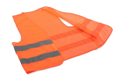 Photo of Orange reflective vest isolated on white. Safety equipment