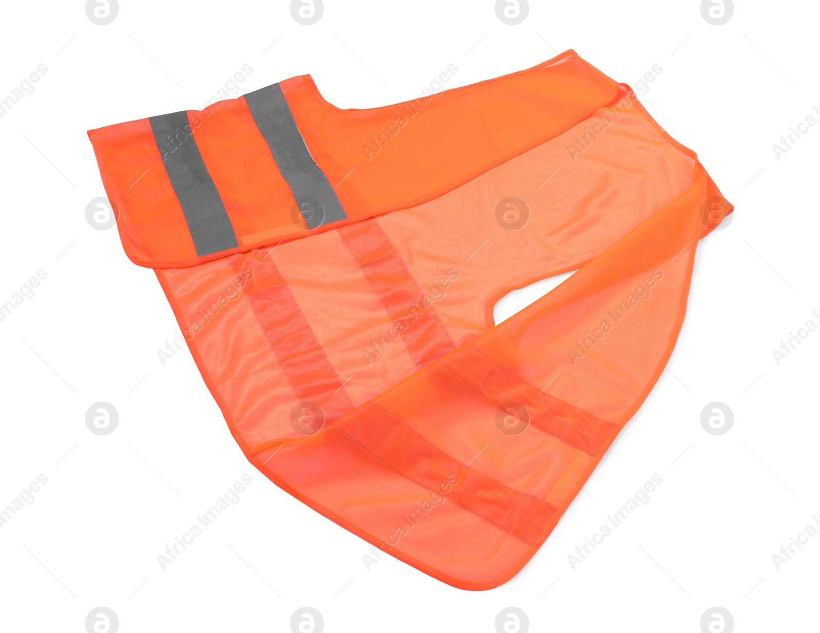 Photo of Orange reflective vest isolated on white. Safety equipment