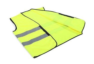 Photo of Reflective vest isolated on white. Safety equipment