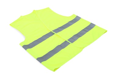 Photo of Reflective vest isolated on white. Safety equipment