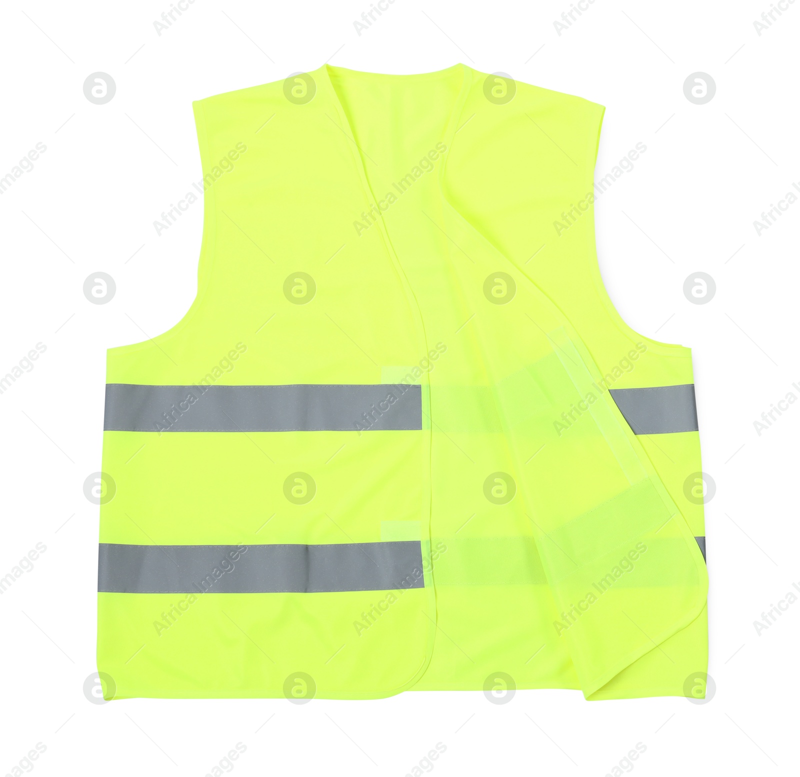 Photo of Reflective vest isolated on white. Safety equipment