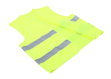 Photo of Reflective vest isolated on white. Safety equipment