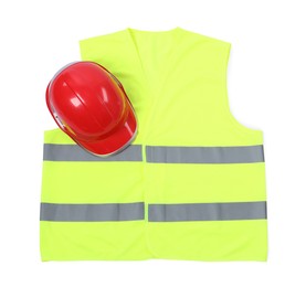 Reflective vest and hard hat isolated on white, top view