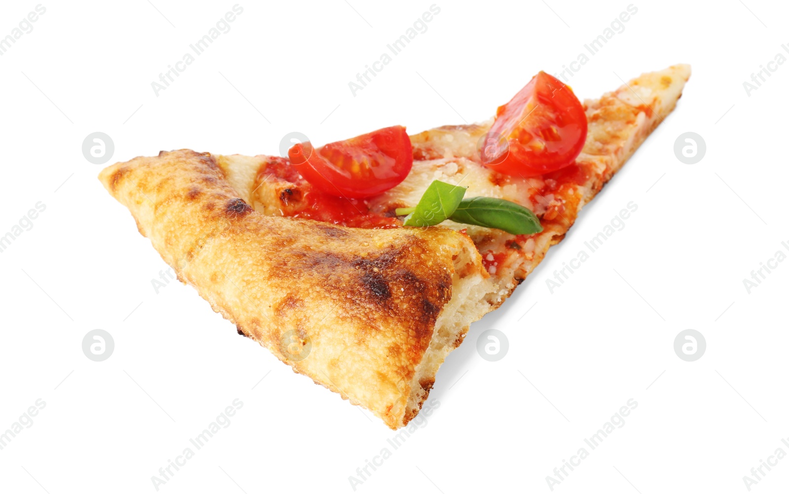 Photo of Piece of delicious Margherita pizza isolated on white