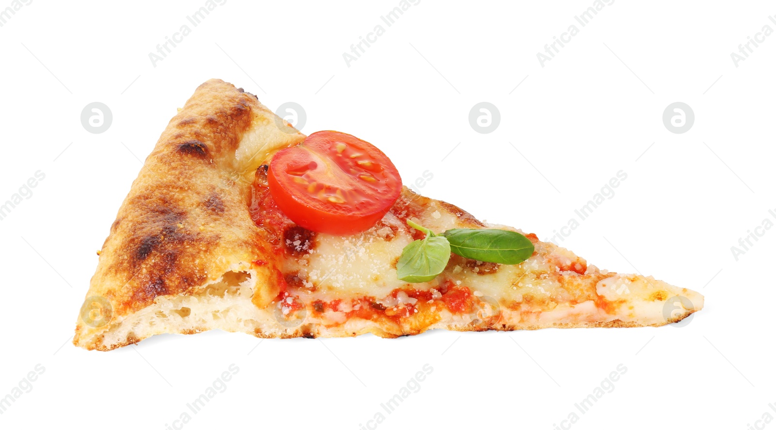 Photo of Piece of delicious Margherita pizza isolated on white