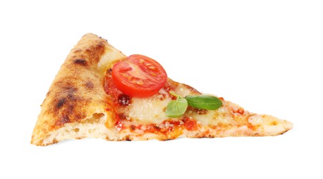 Piece of delicious Margherita pizza isolated on white