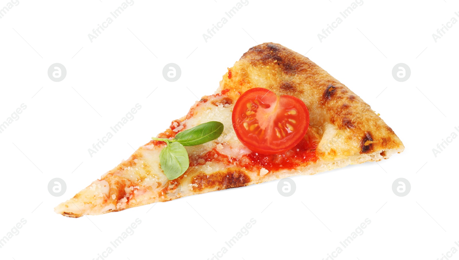 Photo of Piece of delicious Margherita pizza isolated on white