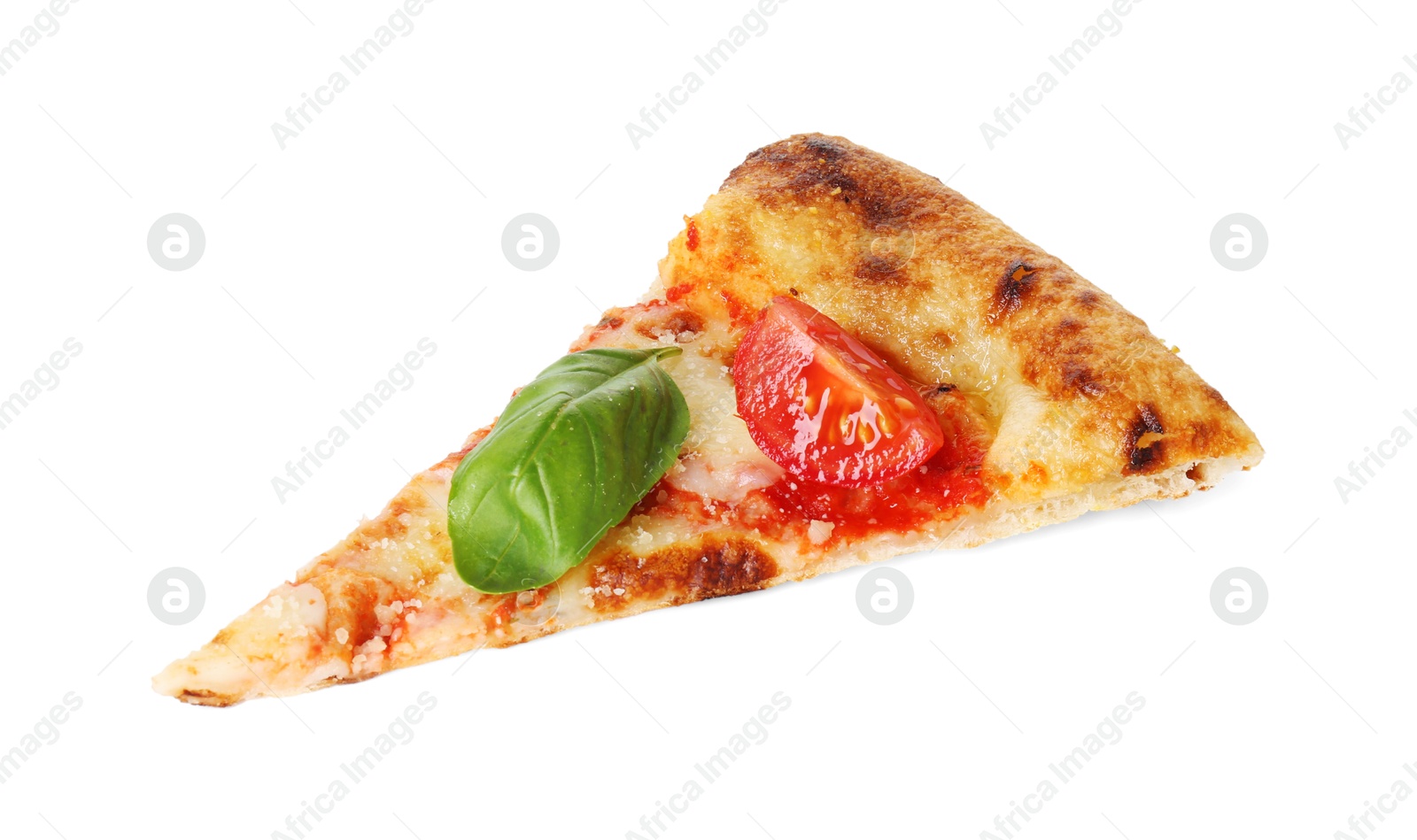 Photo of Piece of delicious Margherita pizza isolated on white