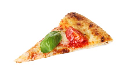 Photo of Piece of delicious Margherita pizza isolated on white