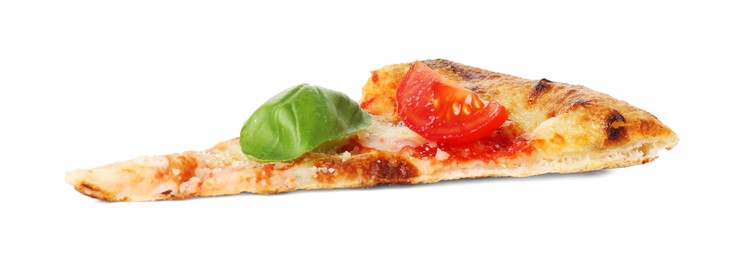 Piece of delicious Margherita pizza isolated on white