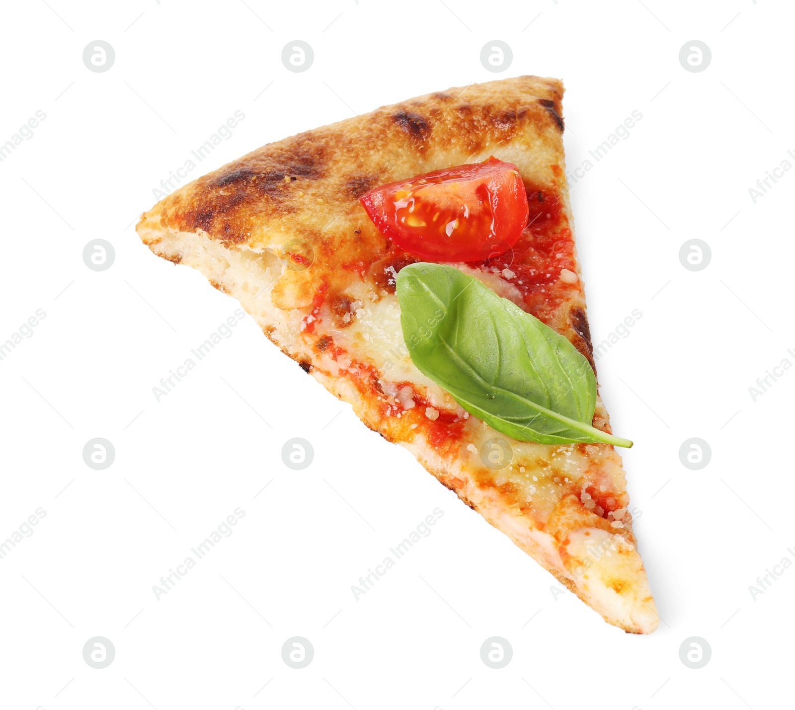 Photo of Piece of delicious Margherita pizza isolated on white