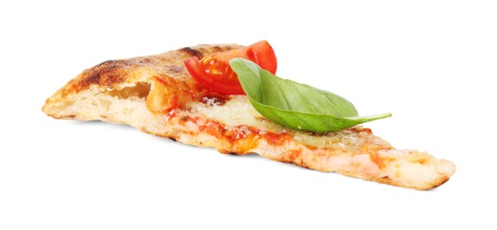 Photo of Piece of delicious Margherita pizza isolated on white