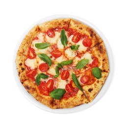 Delicious Margherita pizza isolated on white, top view