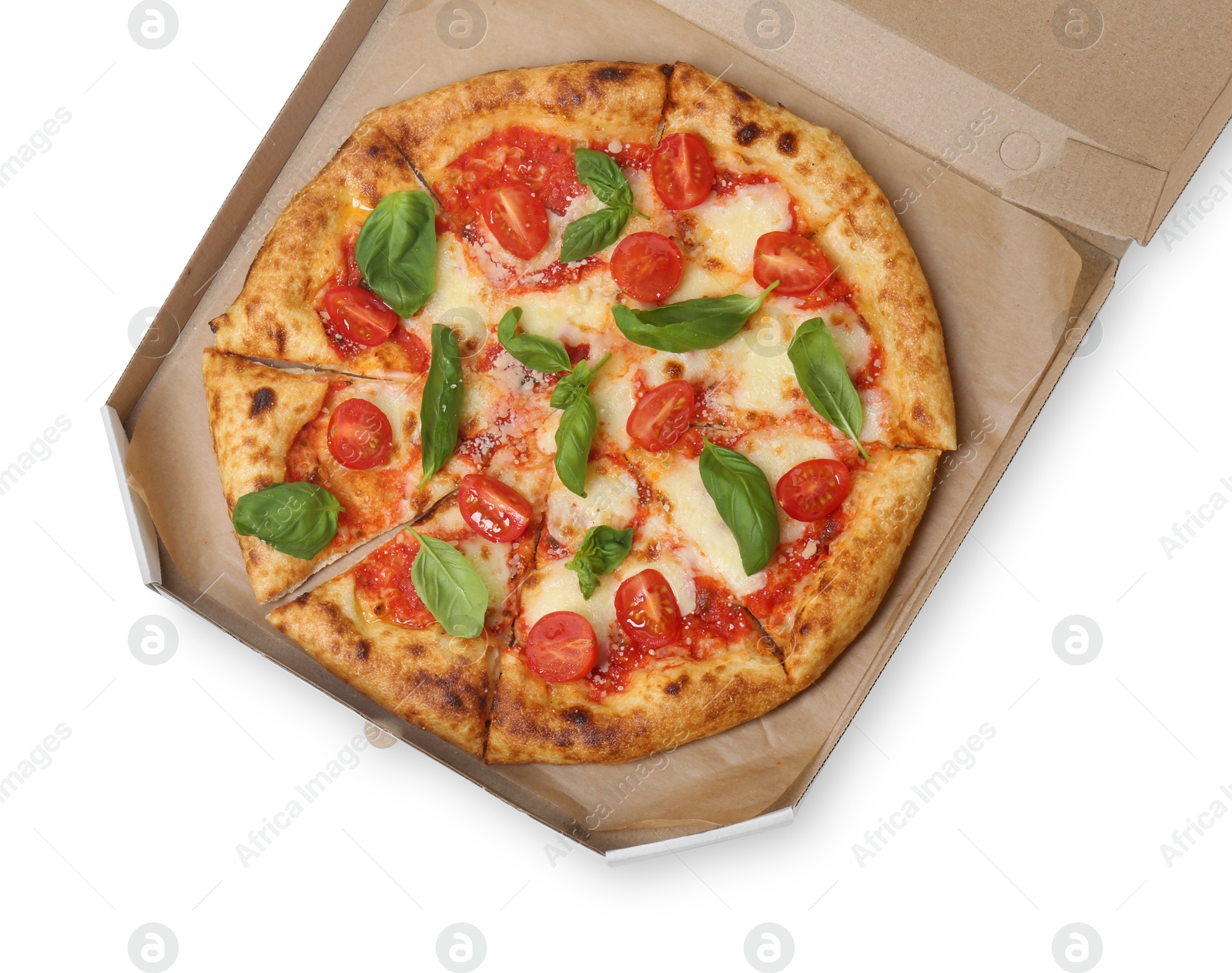 Photo of Delicious Margherita pizza in cardboard box isolated on white, top view