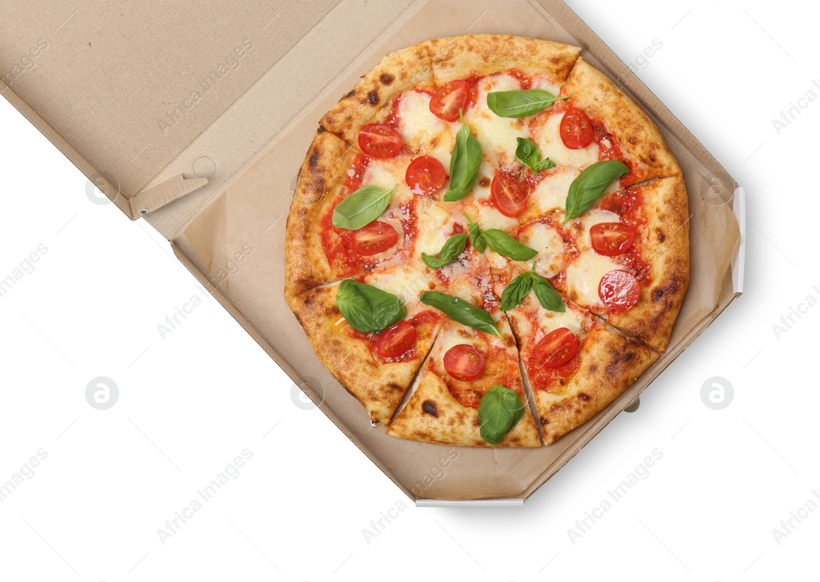 Photo of Delicious Margherita pizza in cardboard box isolated on white, top view