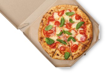 Delicious Margherita pizza in cardboard box isolated on white, top view