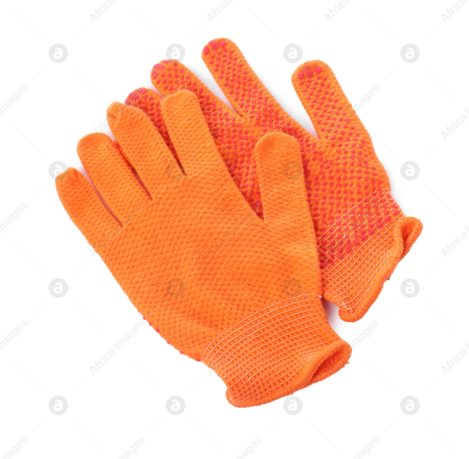 Photo of Protective gloves isolated on white, top view. Safety equipment