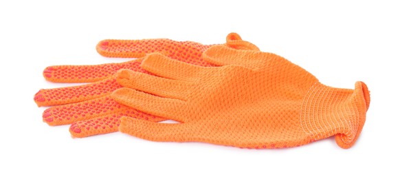 Photo of Protective gloves isolated on white. Safety equipment