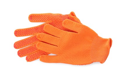 Protective gloves isolated on white, top view. Safety equipment