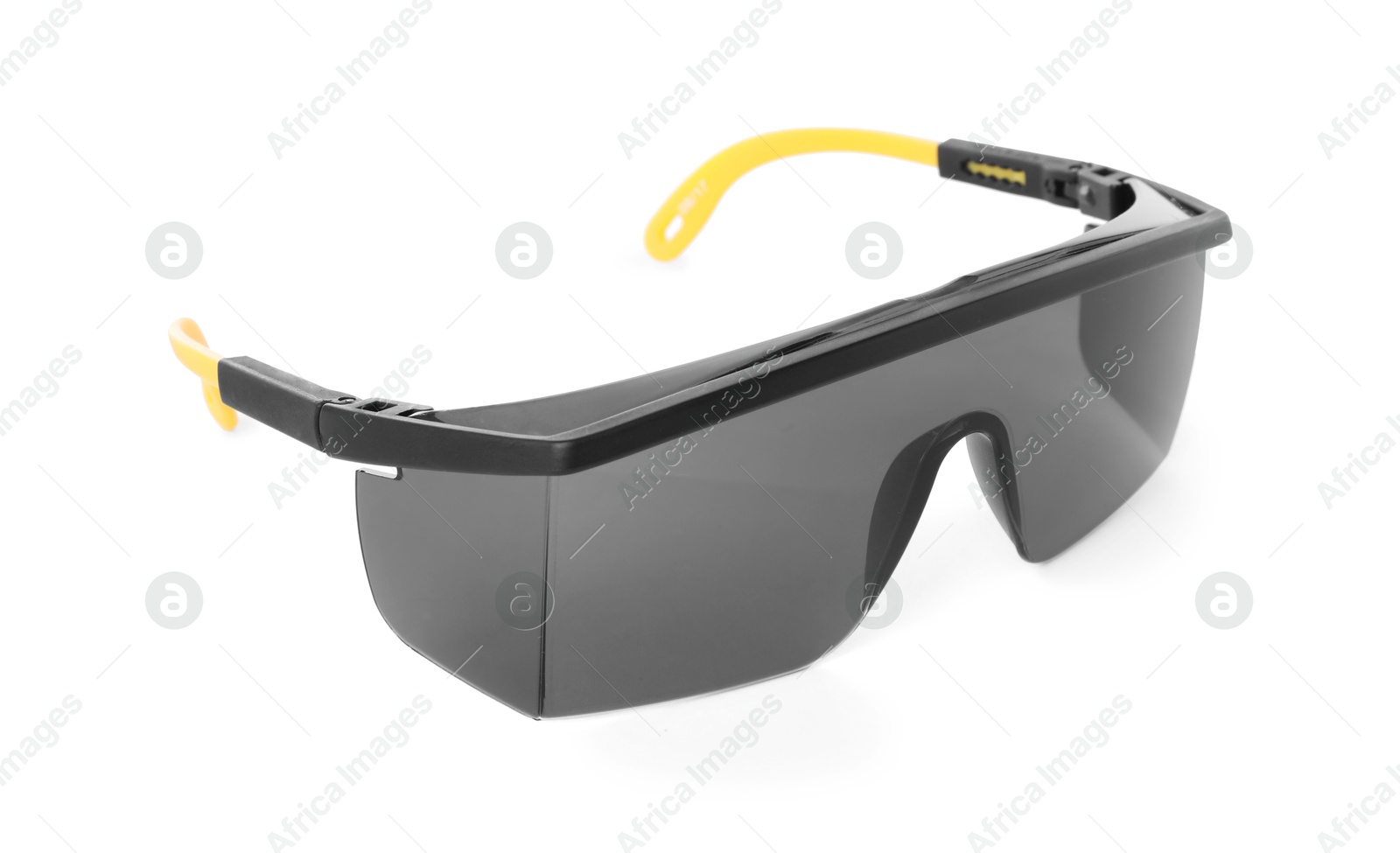 Photo of Protective goggles isolated on white. Safety equipment