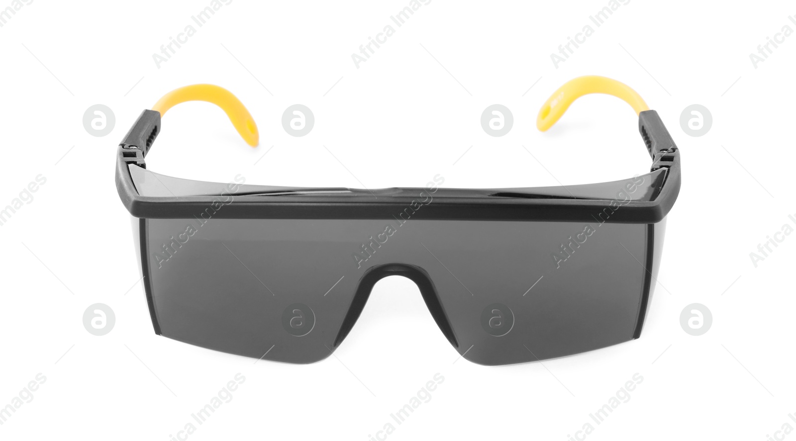 Photo of Protective goggles isolated on white. Safety equipment