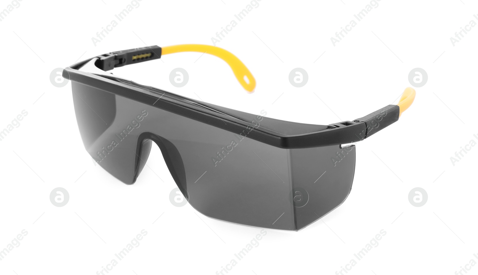 Photo of Protective goggles isolated on white. Safety equipment