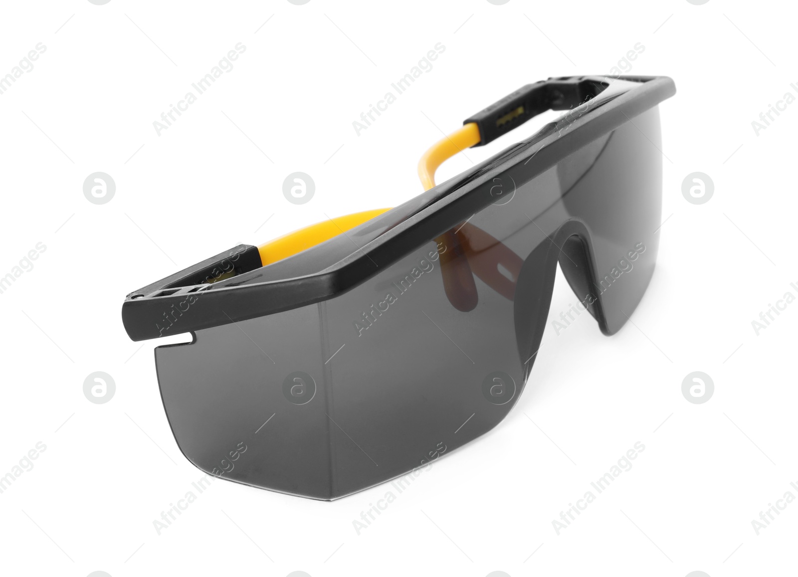 Photo of Protective goggles isolated on white. Safety equipment