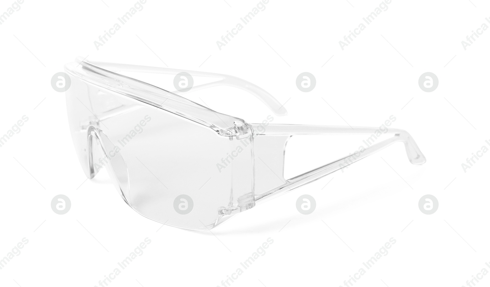 Photo of Protective goggles isolated on white. Safety equipment