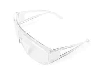 Photo of Protective goggles isolated on white. Safety equipment