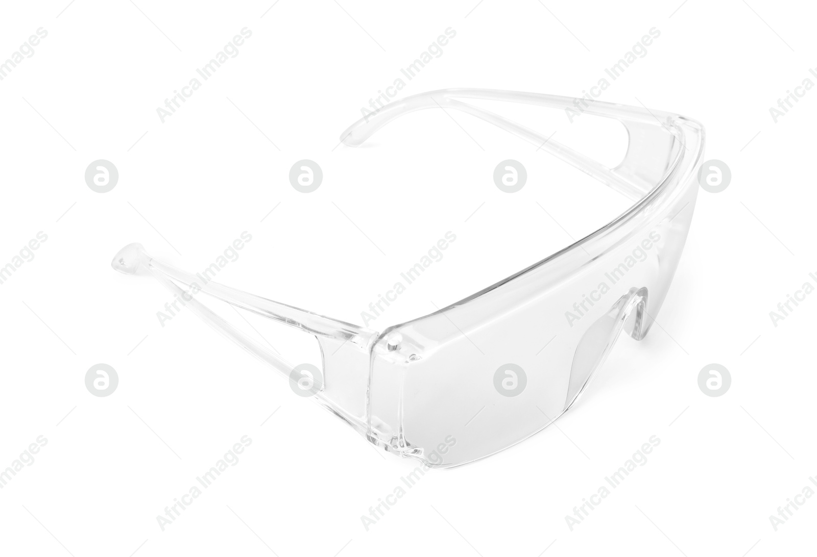 Photo of Protective goggles isolated on white. Safety equipment