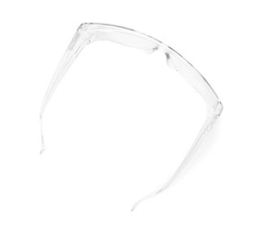 Protective goggles isolated on white, top view. Safety equipment