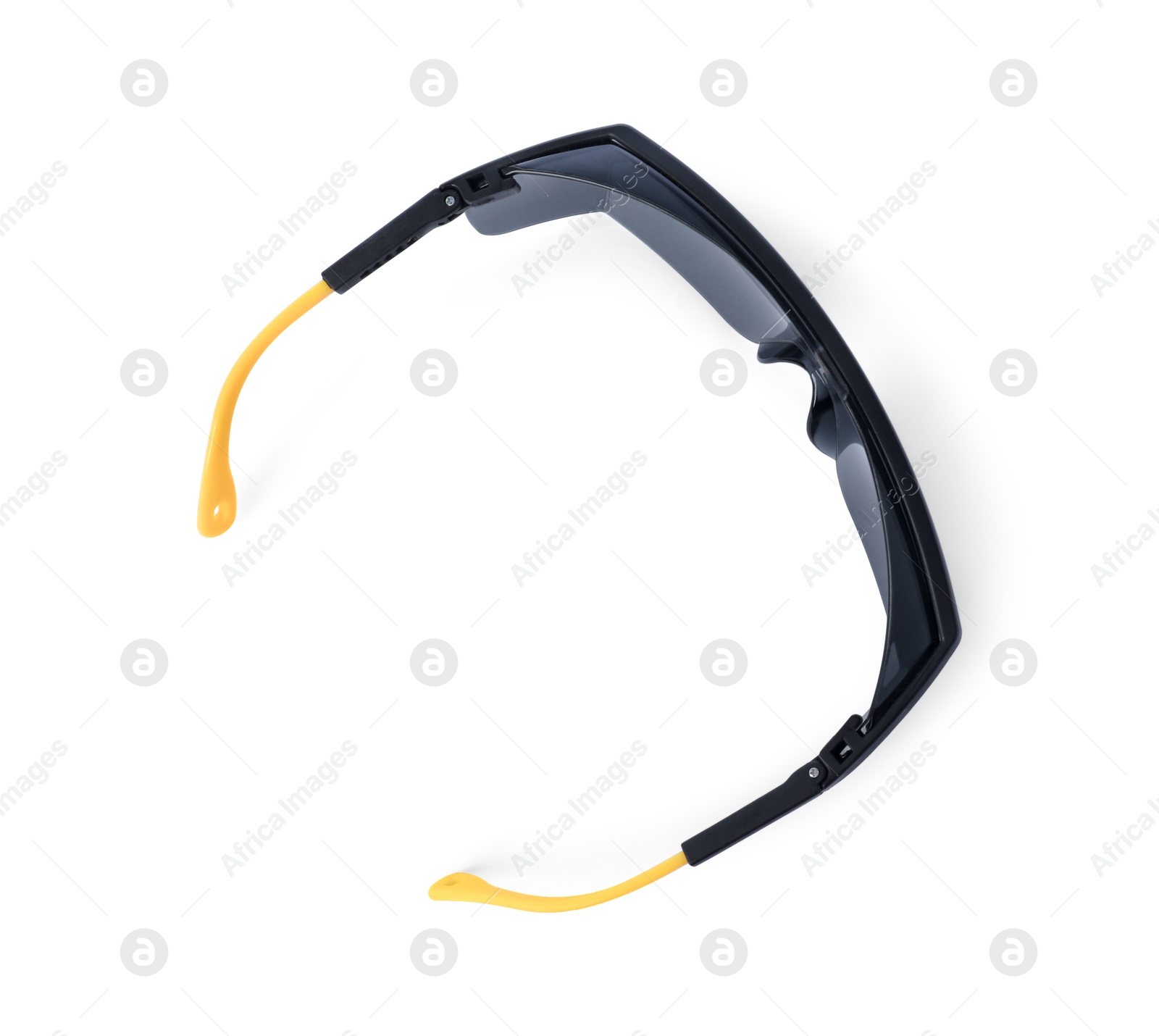 Photo of Protective goggles isolated on white, top view. Safety equipment