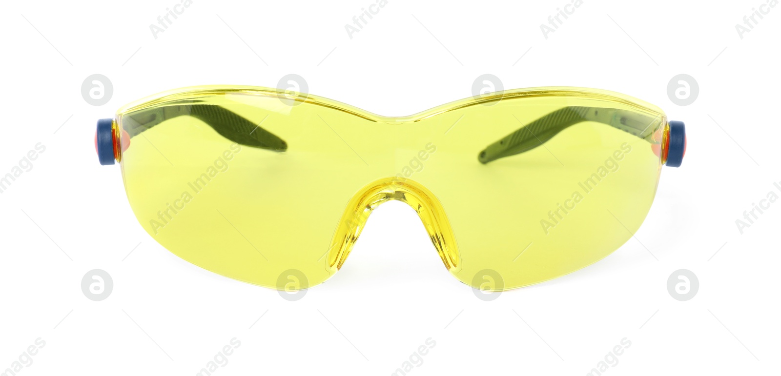 Photo of Protective goggles isolated on white. Safety equipment