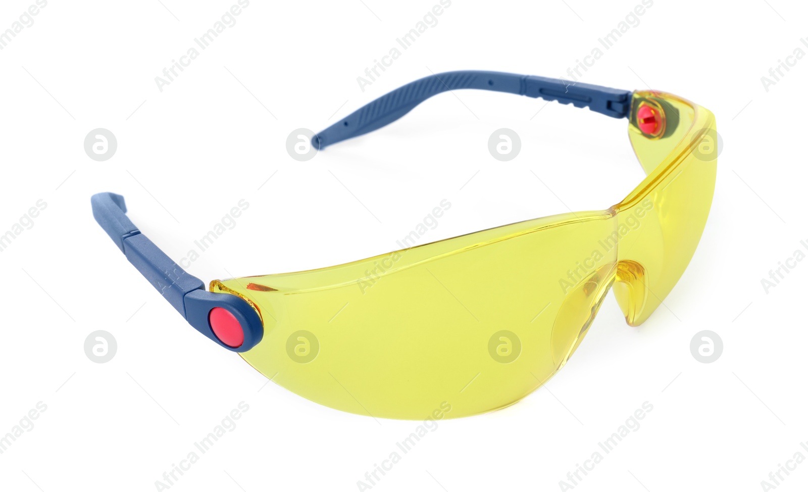 Photo of Protective goggles isolated on white. Safety equipment